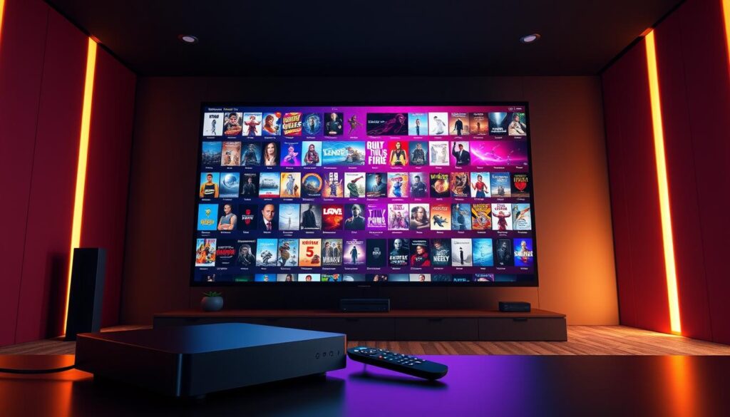 A large, vibrant movie theater screen displaying a vast array of IPTV content, from classic films to the latest blockbusters. The screen is illuminated by a warm, cinematic lighting, creating a cozy and inviting atmosphere. In the foreground, a sleek, modern IPTV set-top box and remote control hint at the ease of accessing this expansive library. The background features a striking, minimalist design with clean lines and a subtle gradient, emphasizing the centrality of the content on offer. The overall composition conveys a sense of abundance, quality, and the seamless integration of technology and entertainment.