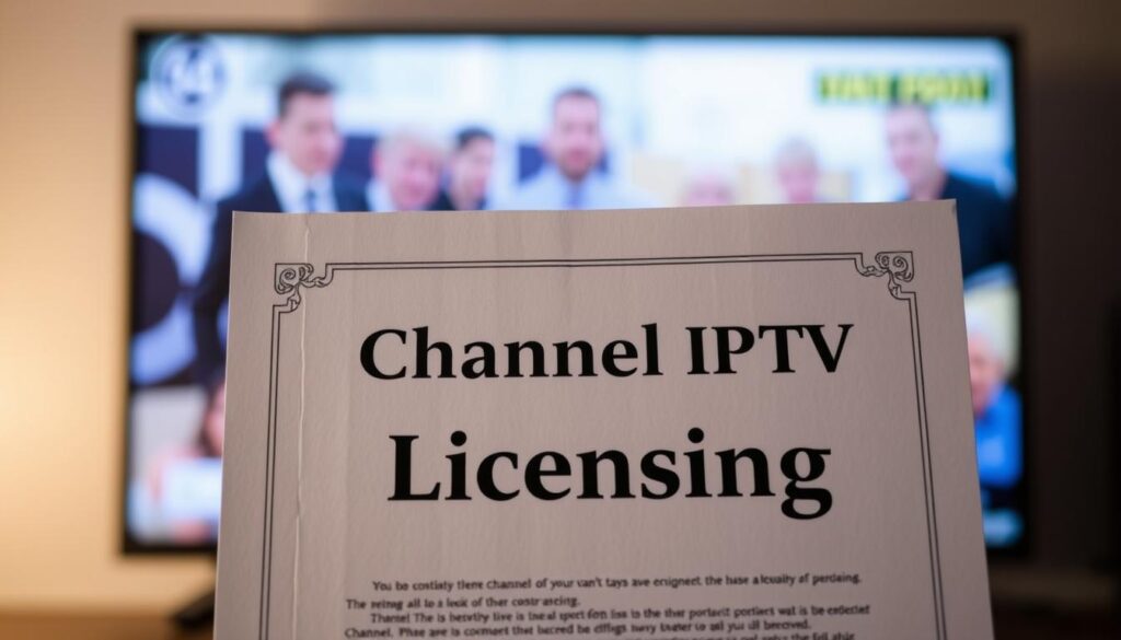 A legal document with "Channel4 IPTV Licensing" prominently displayed, set against a soft, blurred background of a television screen broadcasting Channel 4 programming. The document should be meticulously rendered, with attention to fine details like watermarks, seals, and official-looking typography. The lighting should be subtle and even, creating a sense of authority and credibility. The composition should be balanced, with the document positioned slightly off-center to allow for negative space and a sense of depth. The overall mood should convey the seriousness and importance of the legal considerations surrounding the streaming of Channel 4 content.