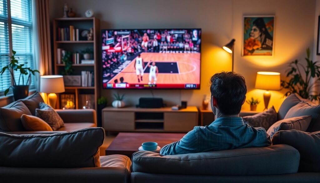 A living room scene with a large flatscreen TV displaying a live basketball game, surrounded by comfortable couches and chairs. The lighting is warm and inviting, with a cozy atmosphere. In the foreground, a person is seated on a sofa, intently watching the game on the IPTV screen, their face illuminated by the display. The background features a bookshelf, plants, and other home decor elements that create a modern, tech-savvy environment. The overall composition conveys the ease and convenience of watching NBA games through an IPTV service, without the need for a traditional cable or satellite subscription.