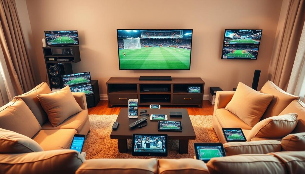 A living room with a large flat-screen TV, surrounded by various mobile devices and tablets, all displaying different live sports matches and events on an IPTV service. The room is bathed in warm, natural lighting, with plush sofas and comfortable seating arrangements. Multiple remote controls and streaming devices are visible, creating a sense of seamless, multi-screen sports entertainment. The scene conveys the convenience and flexibility of accessing a comprehensive IPTV sports package across a range of devices, catering to the modern sports fan's viewing preferences.