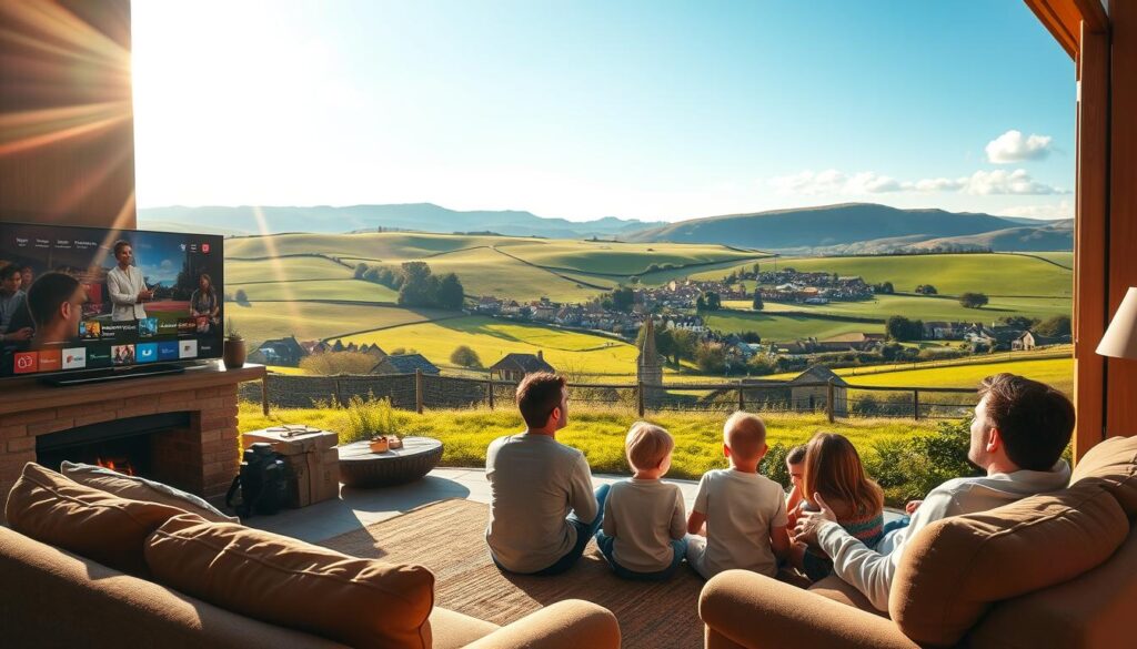 A majestic British countryside scene, illuminated by warm afternoon sunlight. In the foreground, a cozy living room with a plush sofa, a crackling fireplace, and a large flatscreen TV displaying a vibrant array of entertainment options. In the middle ground, a family gathered around, eyes glued to the screen, captivated by the high-quality, seamless viewing experience of British IPTV. In the background, rolling green hills, a picturesque village, and a clear, cloudless sky, symbolizing the boundless entertainment and content available through the convenience of IPTV. The mood is one of comfort, relaxation, and the joy of immersive, high-definition entertainment.