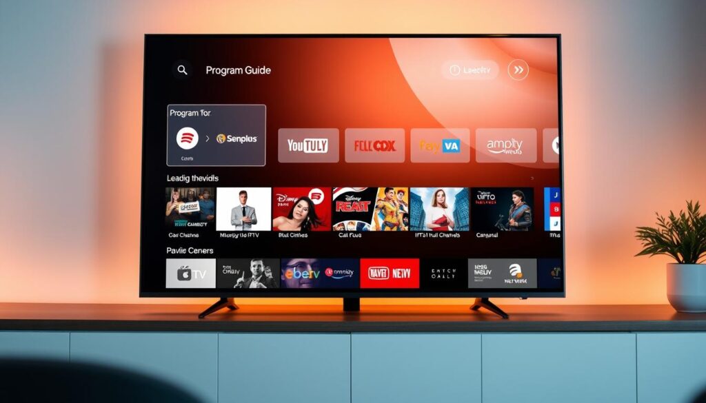 A meticulously designed program guide displayed on a modern TV screen. The guide features a clean, intuitive layout with sharp, high-definition graphics showcasing various IPTV service providers. The interface is bathed in a soft, warm lighting that creates a welcoming and premium atmosphere. The foreground prominently features a selection of popular channels and services, while the background subtly hints at the wide range of content available. The entire scene conveys a sense of sophistication and technological prowess, perfectly aligning with the article's focus on leading IPTV providers and their multi-device streaming capabilities.