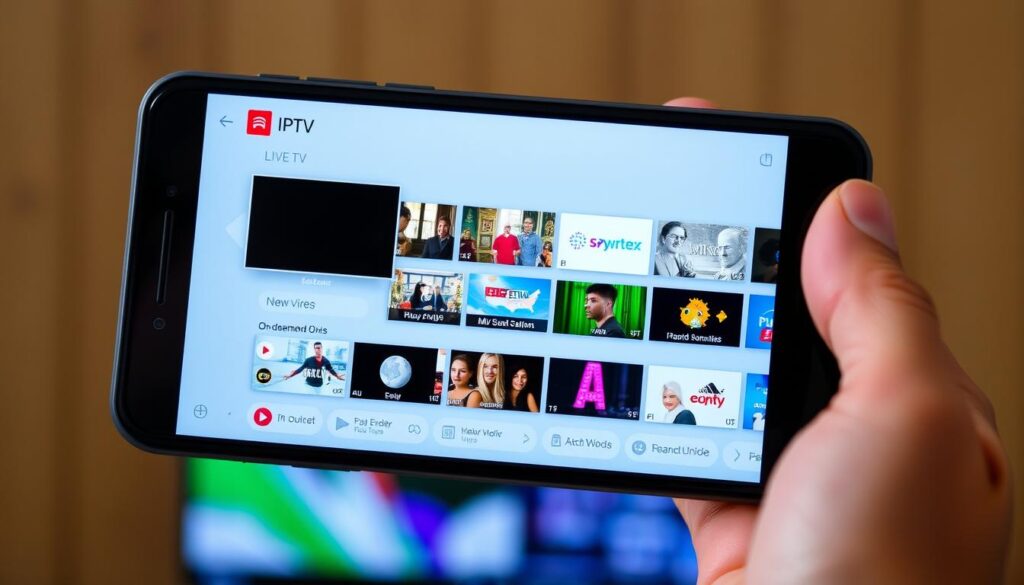 A mobile device displaying a IPTV streaming interface, with a clean and intuitive user experience. The screen shows a variety of live TV channels, on-demand content, and user controls. The device is held in the hand against a blurred background, creating a sense of mobility and portability. Soft, indirect lighting illuminates the screen, giving it a natural and inviting appearance. The overall scene conveys the convenience and accessibility of IPTV for the modern, on-the-go viewer.
