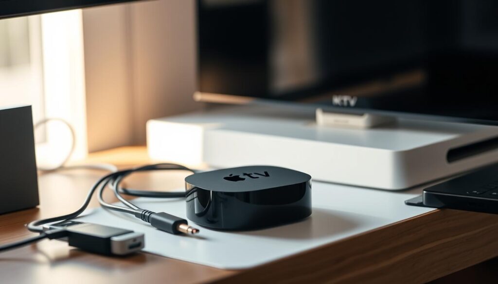A modern Apple TV device prominently displayed on a sleek, minimalist desk setup. The device is surrounded by various cables and peripherals, hinting at its connectivity and IPTV capabilities. The scene is illuminated by a warm, natural light, casting a cozy glow on the setup. The overall mood is one of technological sophistication and streamlined home entertainment. The composition emphasizes the centrality of the Apple TV, showcasing its role as the hub for IPTV consumption and highlighting its seamless integration into a contemporary living space.