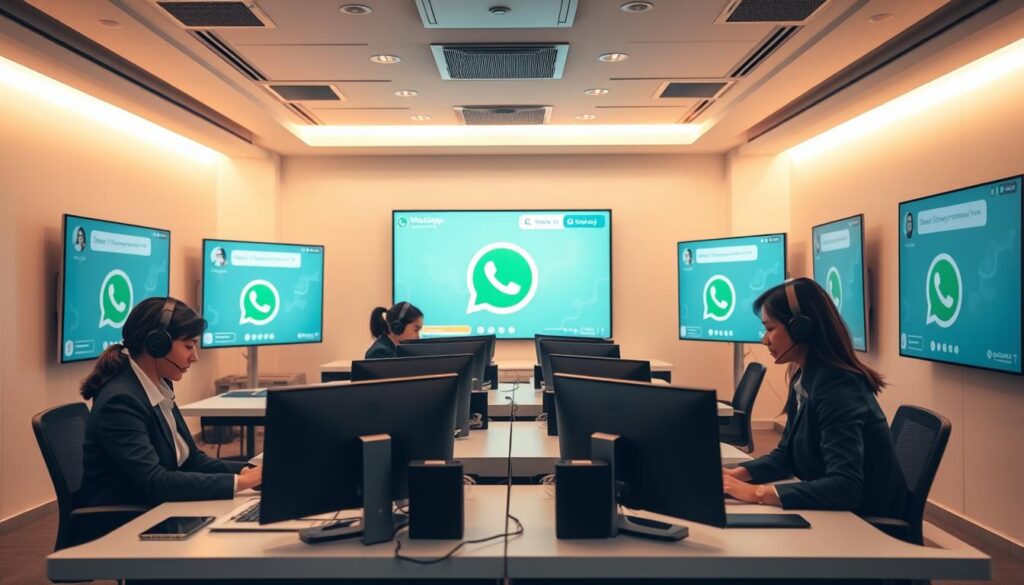 A modern and polished 24/7 customer support service office, with sleek and minimalist workstations, high-definition video conferencing screens, and a team of customer service representatives in smart, professional attire diligently answering calls and messages. The room is bathed in warm, indirect lighting, creating a welcoming and efficient atmosphere. In the background, a large display showcases a WhatsApp chat interface, emphasizing the availability of round-the-clock assistance through this popular communication channel. The overall scene conveys a sense of reliable, responsive, and customer-centric service.