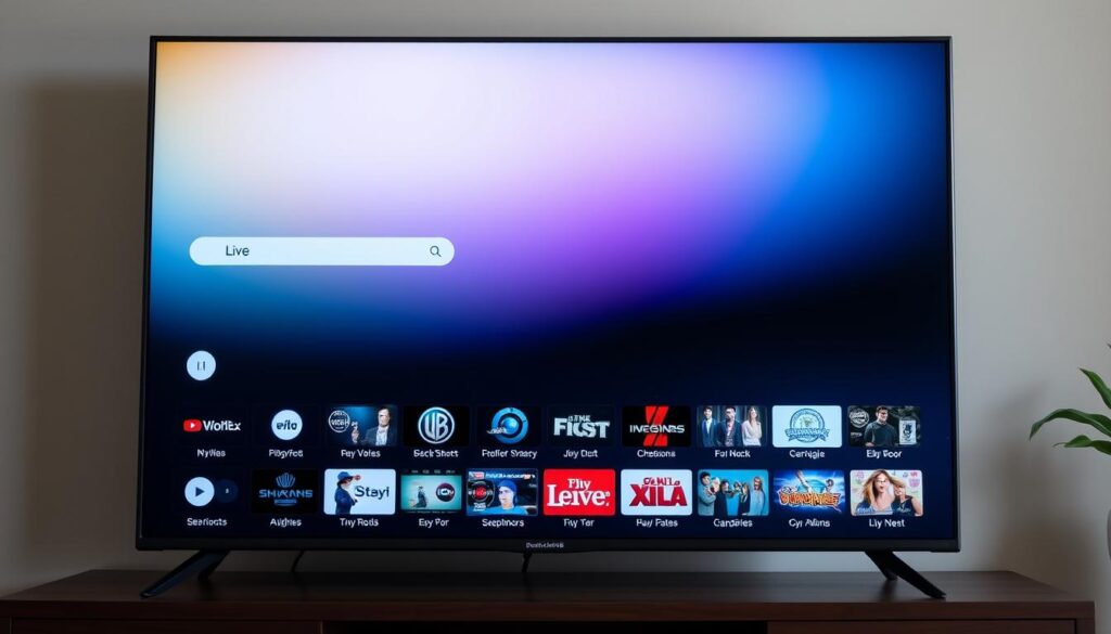 A modern and sleek IPTV channel selection interface displayed on a high-definition television screen. The foreground features a clean, grid-based layout with crisp channel icons and labels, allowing easy navigation through a premium selection of live channels. The middle ground showcases a live preview of the currently selected channel, immersing the viewer in the content. The background subtly blends vibrant gradients, creating a sophisticated and visually appealing atmosphere. The lighting is soft and natural, highlighting the clarity of the display. The camera angle is slightly elevated, providing an optimal viewing experience and a sense of depth. The overall composition conveys the benefits of a premium IPTV subscription, offering a seamless and enjoyable content discovery experience.