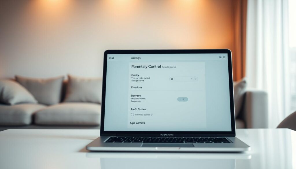 A modern, clean-looking interior setting with a laptop or tablet device displaying parental control settings for an IPTV service. The device is positioned on a sleek, minimal desk or table, with warm yet subdued lighting illuminating the setup. In the background, subtle blurred shapes suggest a living room or home office environment, conveying a sense of privacy and security. The overall composition emphasizes the parental control features, highlighting their importance in the context of adult content on IPTV platforms.