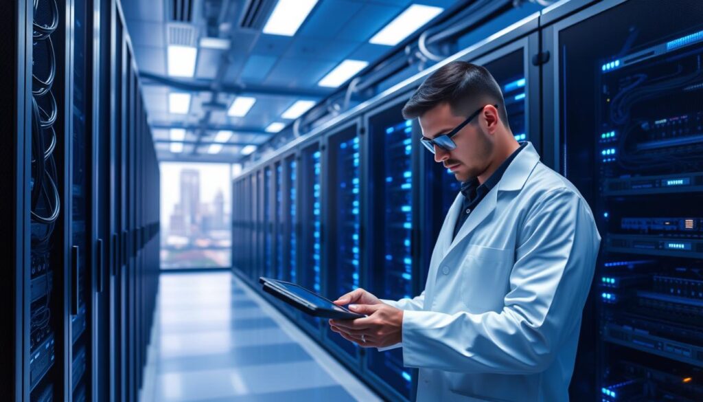 A modern data center with sleek, minimalist server racks arranged in an organized grid. Cool blue lighting casts a serene glow, highlighting the intricate network of cables and cooling systems that power the infrastructure. In the foreground, a professional technician in a crisp white lab coat examines a tablet, monitoring the real-time performance metrics of the system. The background features a panoramic view of the city skyline, conveying a sense of scale and the global reach of the high-quality streaming service. The overall atmosphere is one of efficiency, reliability, and technological sophistication.