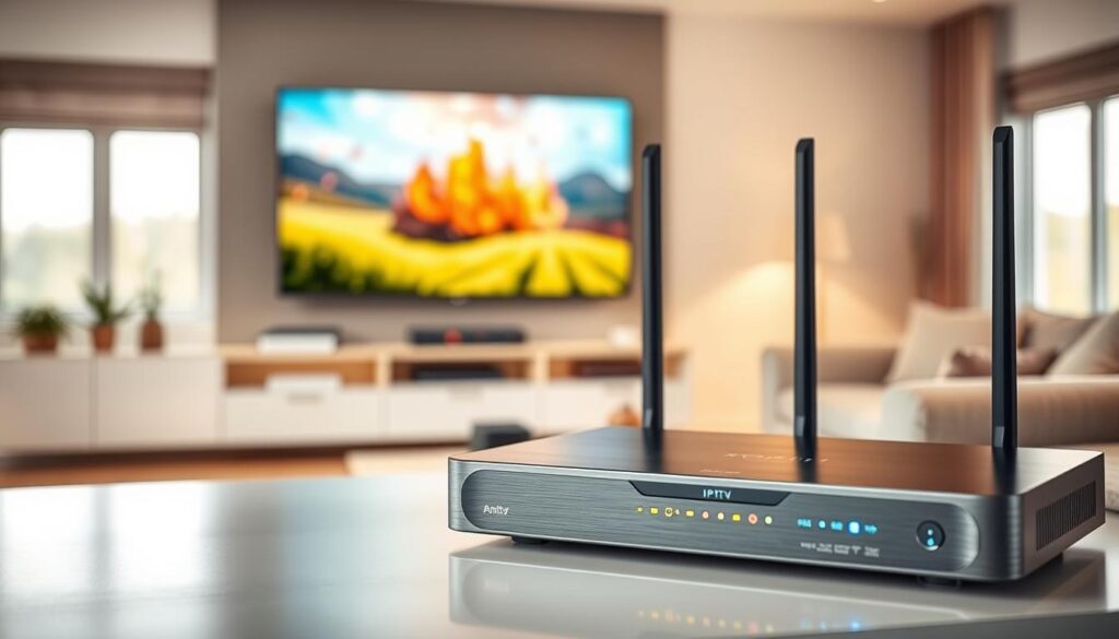 A modern home entertainment hub with a sleek, minimalist design. In the foreground, a high-end modem or router in a brushed metal finish, glowing with status lights. Behind it, a digital display showing a vibrant, high-definition live TV feed, representing the core IPTV technology. In the middle ground, crisp, clean lines suggest a modern smart home setup, with various connected devices. The background is softly blurred, hinting at a cozy, well-appointed living room, bathed in warm, natural lighting from large windows. The overall scene conveys the seamless integration of IPTV into a contemporary, technology-forward domestic space.