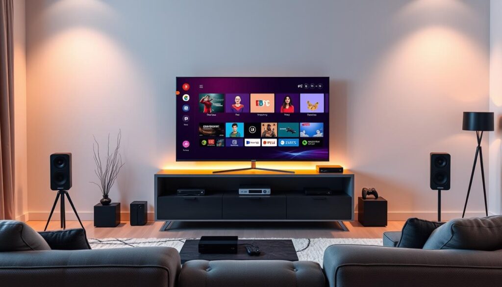 A modern living room set, illuminated by warm, ambient lighting. In the center, a sleek, minimalist smart TV stands on a modern entertainment unit, its screen depicting a vibrant, colorful user interface - the embodiment of Internet Protocol Television (IPTV). Surrounding the TV, various connected devices, such as streaming boxes and game consoles, illustrate the seamless integration of IPTV technology into the home entertainment ecosystem. The room's decor reflects a contemporary, tech-savvy aesthetic, with clean lines, neutral tones, and subtle accents that complement the digital experience. The overall scene conveys the growing popularity and ubiquity of IPTV as a convenient, high-quality alternative to traditional cable or satellite television.