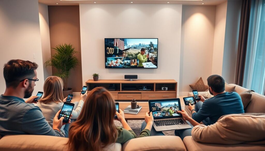 A modern living room with a cozy atmosphere, various electronic devices strategically placed around the room. In the foreground, a group of people using smartphones, tablets, and a laptop, immersed in seamless multi-device streaming. The middle ground features a sleek, wall-mounted TV displaying high-quality video content, while the background showcases a clean, minimalist design with subtle lighting accents. The scene conveys a sense of connectivity, convenience, and the effortless management of multiple simultaneous viewing experiences.