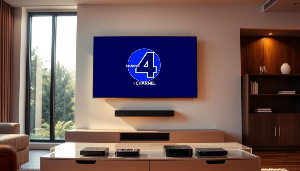 A modern living room with a large flat-screen TV mounted on the wall, displaying the Channel 4 logo in crisp high-definition. The room is bathed in warm, natural lighting from a large window, casting a cozy ambiance. In the foreground, a sleek, minimalist media center houses various streaming devices, showcasing the versatility of accessing Channel 4 content on different platforms. The overall scene conveys a sense of convenience, accessibility, and the seamless integration of Channel 4 into the home entertainment experience.