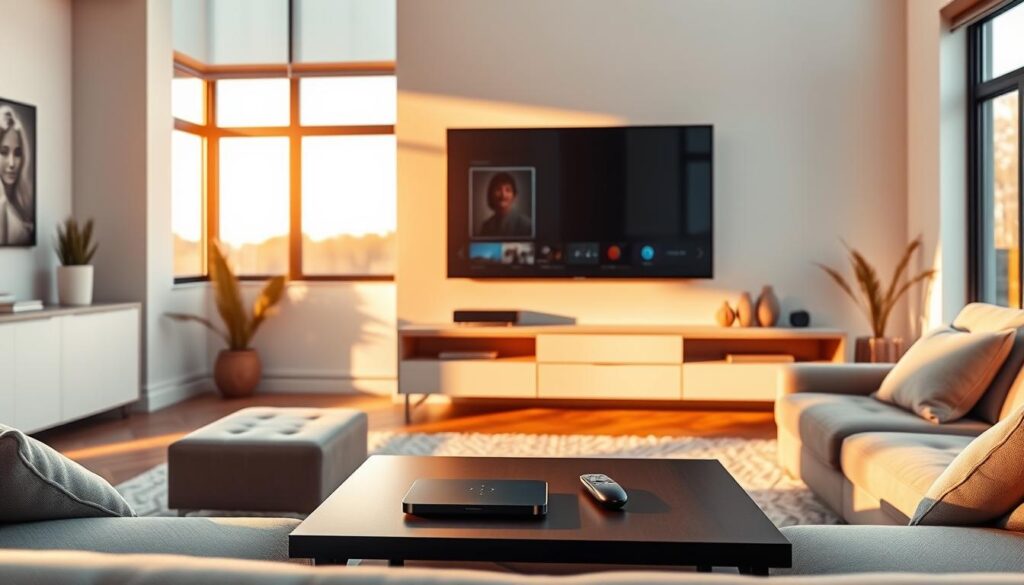 A modern living room with a large flatscreen TV, streaming device, and smart home accessories. The room is flooded with warm, natural light from large windows, creating a cozy and inviting atmosphere. On the coffee table, a wireless charging pad and a remote control for the TV and smart home system. The walls are adorned with minimalist decor, and a plush sectional sofa invites viewers to sit back and enjoy the streaming experience. The overall scene conveys the convenience, connectivity, and comfort of modern streaming benefits.