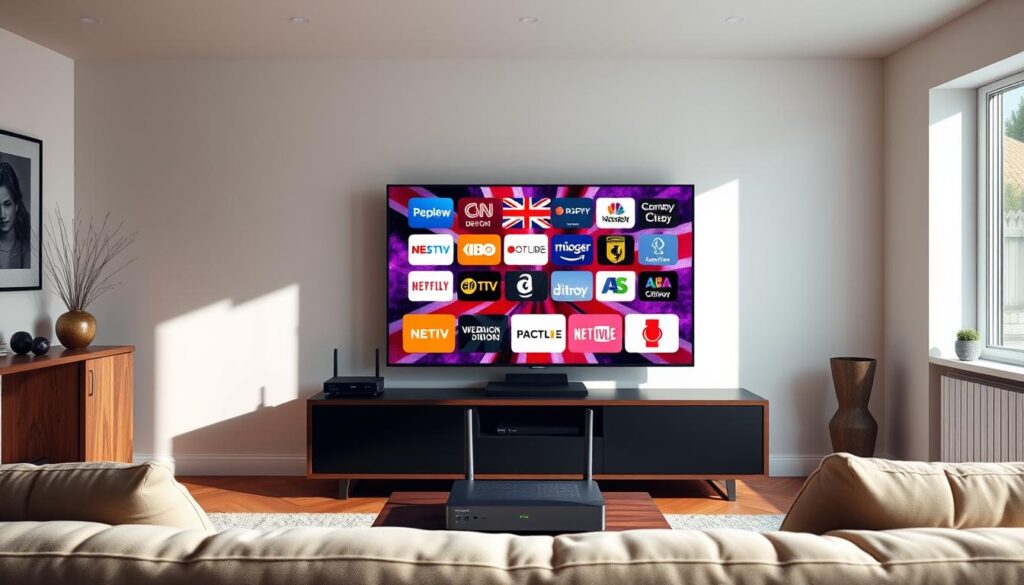 A modern living room with a sleek, minimalist design. In the center, a large flat-screen TV displays a vibrant, high-definition image of a variety of British television channels. Surrounding the TV, a state-of-the-art IPTV set-top box and wireless router sit on a modern, wooden entertainment center. The room is filled with natural light from large windows, creating a warm and inviting atmosphere. The walls are adorned with minimalist art pieces, and a plush, comfortable sofa faces the TV, inviting the viewer to relax and enjoy the British programming without the need for a TV license.