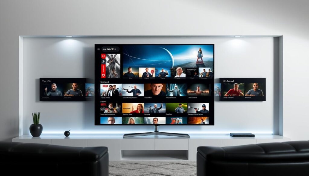 A modern media hub showcasing a sleek user interface with a central focus on a dynamic IPTV live channel grid and an expansive on-demand video library. The layout features a minimalist aesthetic with clean lines, vibrant colors, and intuitive iconography. Subtle lighting highlights the high-definition video previews, creating a sense of depth and visual clarity. The overall composition conveys a premium, professional, and user-friendly experience tailored for discerning IPTV subscribers.