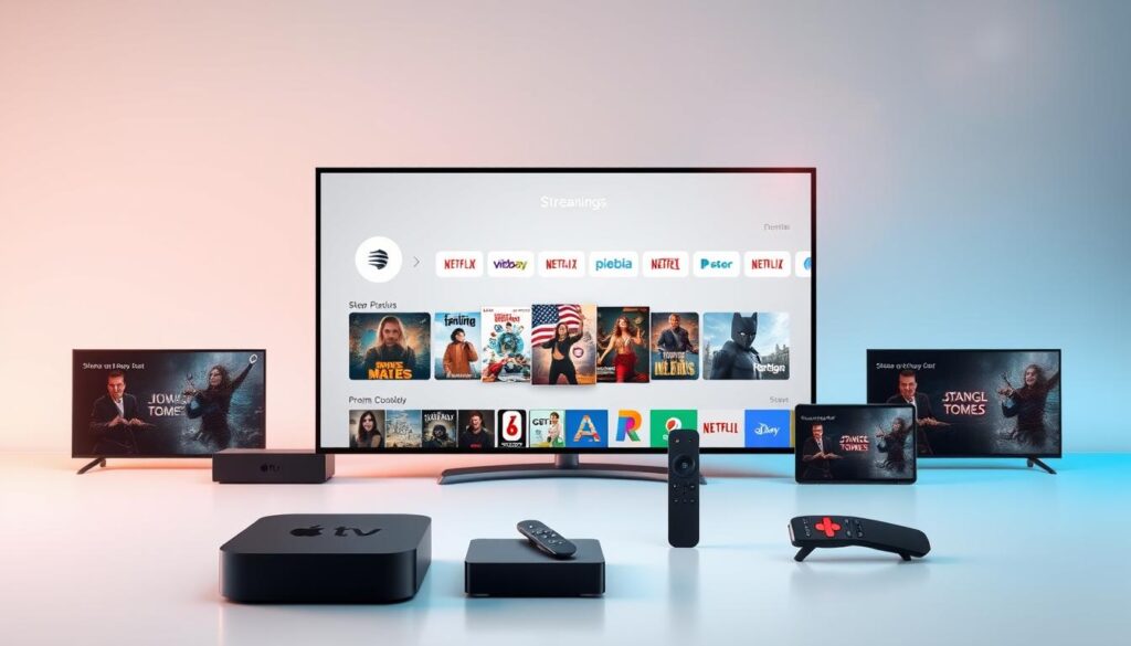 A modern, minimalist composition showcasing the latest streaming packages. In the foreground, sleek devices like smart TVs, streaming boxes, and mobile devices are neatly arranged, each representing a different streaming service. The middle ground features a clean, futuristic interface displaying popular content thumbnails and logos. In the background, a soft, gradient-based environment with subtle lens flare effects creates a sense of advanced technology and innovation. The overall mood is one of sophistication, convenience, and the seamless integration of traditional and emerging media consumption platforms.