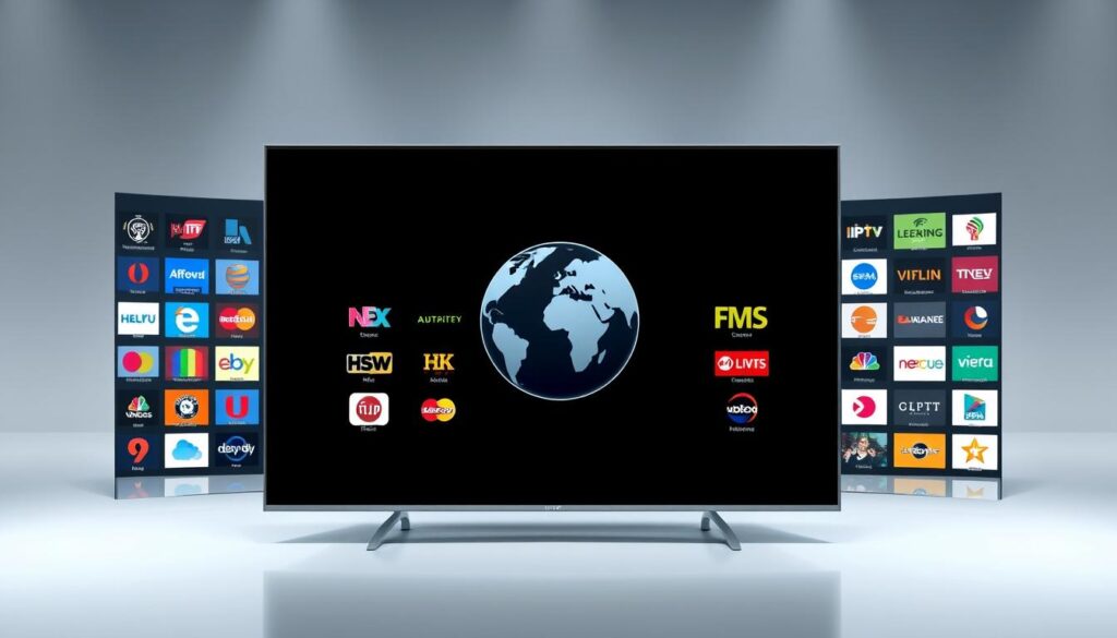 A modern, minimalist digital display showcasing an array of international IPTV channel logos and icons. The foreground features a sleek, high-resolution grid layout with vibrant, colorful channel thumbnails. The middle ground depicts a stylized globe or world map, hinting at the global reach of IPTV services. The background is a clean, gradient-based environment with subtle lighting effects, creating a sense of depth and professionalism. The overall composition conveys the idea of seamless access to a diverse range of global television content through IPTV technology.