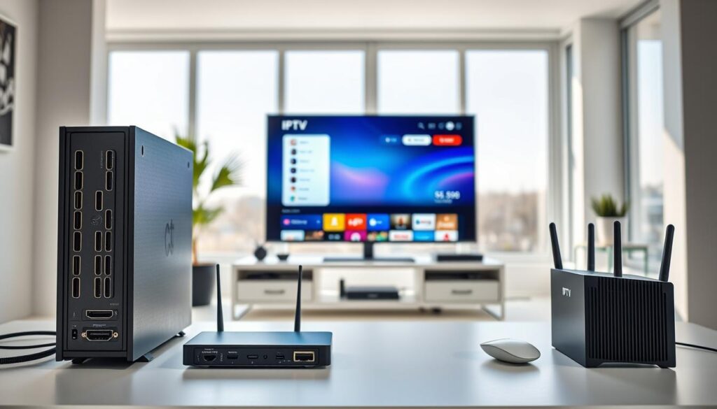 A modern, minimalist home office setup showcasing the essential requirements for buffer-free IPTV streaming. In the foreground, a sleek desktop computer with high-end hardware and multiple HDMI ports. Next to it, a high-speed internet router with ethernet and Wi-Fi connectivity. In the middle ground, a smart TV displaying a crisp, vivid IPTV interface, reflecting the seamless streaming experience. The background features large windows allowing ample natural light, creating a bright, airy atmosphere conducive to distraction-free entertainment. The overall scene conveys a sense of technological sophistication and the smooth, uninterrupted flow of IPTV content.