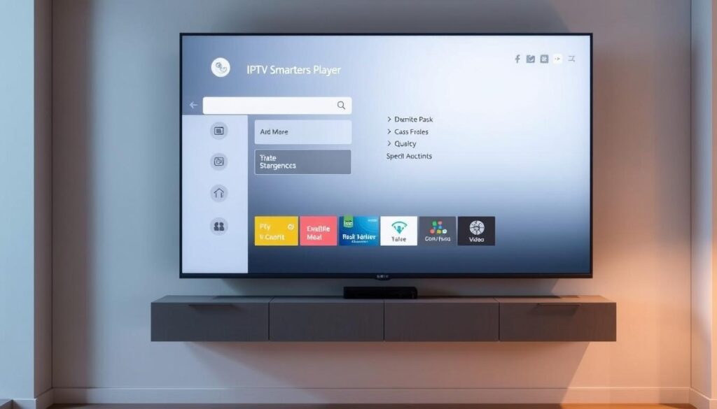 A modern, minimalist home theater setup with an LG smart TV displaying the IPTV Smarters Player interface. The TV is mounted on a sleek, floating wall unit with hidden cable management. Soft, indirect lighting illuminates the room, creating a cozy, inviting atmosphere. The IPTV Smarters Player UI is prominently featured, showcasing its clean, intuitive design with easy-to-navigate menus and options. The scene conveys a sense of simplicity and user-friendliness, reflecting the step-by-step installation process for IPTV on LG WebOS.