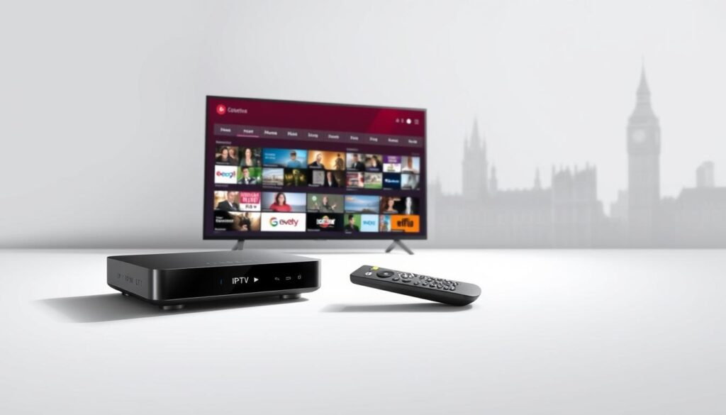 A modern, minimalist illustration of IPTV services. In the foreground, a sleek set-top box and remote control, conveying the simplicity of IPTV technology. The middle ground features a digital display showcasing a variety of high-definition TV channels, representing the breadth of content available. In the background, a clean, understated cityscape with modern architecture, suggesting the urban, connected environment in which IPTV thrives. The lighting is soft and diffused, creating a sense of clarity and professionalism. The composition is balanced and visually appealing, highlighting the key elements of IPTV services in the UK.