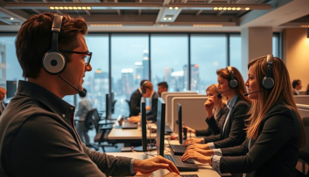 A modern office interior with a bustling customer support team, illuminated by warm, ambient lighting. In the foreground, a service representative wearing a headset assists a customer, their faces conveying a sense of attentive professionalism. In the middle ground, a row of cubicles with ergonomic workstations, where additional agents are engaged in lively conversations, their fingers rapidly typing on keyboards. The background features a large, panoramic window overlooking a vibrant cityscape, creating a sense of connectivity and accessibility. The overall atmosphere exudes a spirit of efficiency, responsiveness, and a commitment to providing exceptional 24/7 customer support.