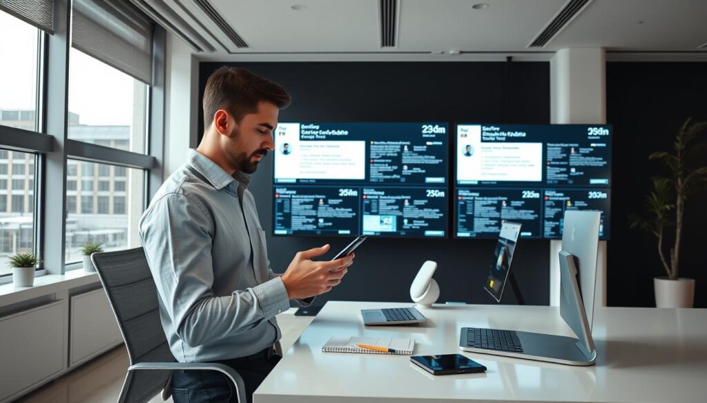 A modern office space with a professional social media manager diligently updating service updates on various social media platforms. Bright, airy, and minimalist in design, with large windows letting in natural light. The manager, dressed in business casual attire, intently scrolls through a smartphone, carefully crafting updates to be shared with the company's online audience. Strategically placed monitors display real-time service status information, and a sleek, high-tech desk setup reflects the dynamic nature of the job. The atmosphere conveys a sense of efficiency, transparency, and a commitment to keeping customers informed about any service changes or disruptions.