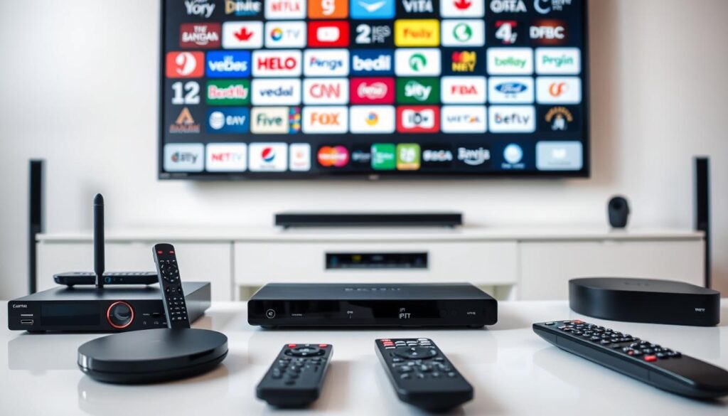 A modern, sleek IPTV setup with various streaming devices and remote controls prominently displayed on a minimalist white desk. In the background, a large wall-mounted TV screen showcases an array of Canadian TV channel logos, conveying the wide selection of programming available through IPTV services in the country. Soft, diffused lighting illuminates the scene, creating a sense of high-end, professional media technology. The overall composition and color palette evoke a clean, sophisticated aesthetic suitable for an informative article on IPTV in Canada.