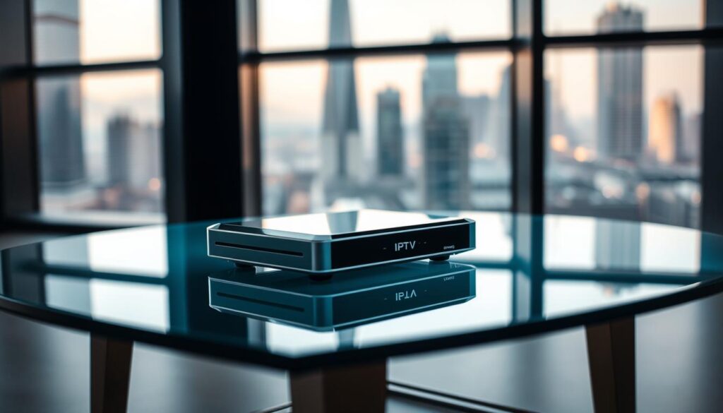 A modern, sleek IPTV streaming device resting on a minimalist glass and metal table, with a soft, ambient lighting illuminating the scene. The device is prominently displayed, its glossy surface reflecting the surrounding environment. In the background, a blurred cityscape with high-rise buildings can be seen through a large window, suggesting an urban, technological setting. The overall atmosphere conveys a sense of sophistication and forward-thinking technology, capturing the essence of the "Understanding IPTV and the Buffering Challenge" section.