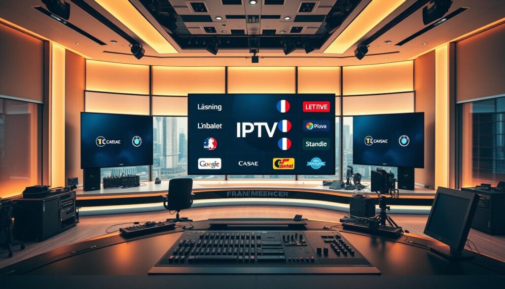 A modern, sleek TV studio with French IPTV channel logos prominently displayed on a large video wall. The scene is bathed in warm, soft lighting, creating a sophisticated and professional atmosphere. The camera is positioned to capture a low-angled, wide shot, emphasizing the scale and grandeur of the setup. In the foreground, a state-of-the-art media console with various controls and monitoring equipment. In the background, a panoramic view of the city skyline through floor-to-ceiling windows, hinting at the global reach and influence of these French IPTV channels.