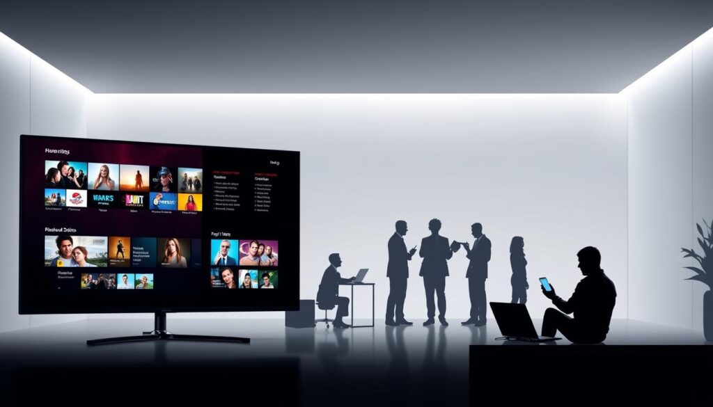A modern, sleek comparison of popular streaming solutions, showcasing their key features and capabilities. In the foreground, three TV screens display various video-on-demand interfaces, each with a distinct visual style. The middle ground features silhouettes of users interacting with remote controls, laptops, and mobile devices, representing the diverse platforms supported. The background depicts a minimalist, high-tech environment with clean lines, subtle lighting, and a muted color palette to create a sense of sophistication and technological prowess. The overall composition conveys the idea of a comprehensive guide to IPTV video-on-demand solutions, highlighting the breadth of options and the seamless integration across devices.