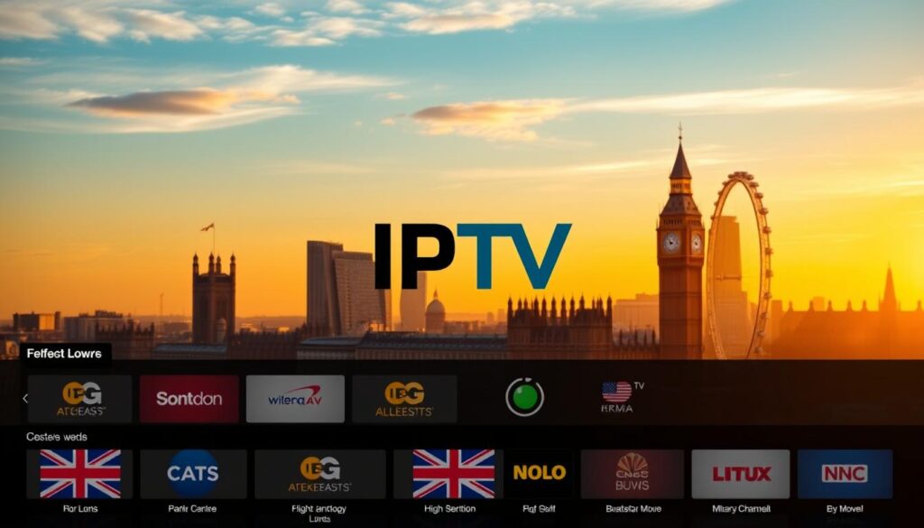 A modern, sleek interface for an IPTV streaming service, with a clean and minimalist design. The UI features a prominent logo and branding, along with a grid of high-definition channel logos in 4K resolution. The background showcases a vibrant cityscape of London's skyline, with iconic landmarks like the Big Ben and the London Eye visible in the distance. Warm, natural lighting illuminates the scene, creating a sense of sophistication and premium quality. The overall composition conveys the comprehensive offering of top-tier British television channels available through this state-of-the-art IPTV platform.