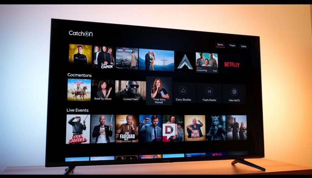 A modern, sleek television interface showcasing the CatchON streaming platform. The foreground features a large, high-definition display presenting a diverse selection of content thumbnails, ranging from the latest movies and TV shows to captivating documentaries and live events. The middle ground depicts a minimalist and intuitive menu system, with clean iconography and a user-friendly layout, making navigation a seamless experience. In the background, a subtle gradient backdrop subtly conveys a sense of depth and sophistication, complementing the overall aesthetic. The lighting is soft and warm, creating a welcoming and immersive atmosphere, while the camera angle captures the interface from a slightly elevated perspective, emphasizing its modern and streamlined design.