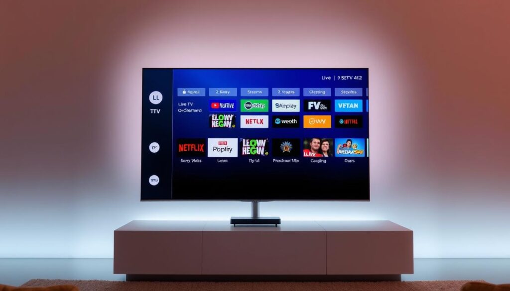 A modern, stylish IPTV service interface displayed on a sleek, minimalist television screen. The screen depicts a clean, intuitive layout with vivid icons and graphics showcasing various live TV channels, on-demand content, and streaming options. Soft, diffused lighting illuminates the scene, creating a warm, inviting atmosphere. The overall composition emphasizes the convenience and accessibility of IPTV, highlighting its ability to provide a seamless, cable-free viewing experience for CTV news and shows.