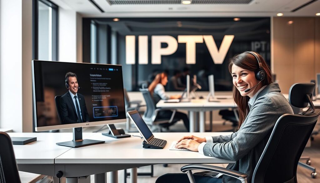 A modern, well-lit customer service office with sleek, minimalist desks and ergonomic chairs. In the foreground, a customer service representative smiles warmly while assisting a client on a high-resolution computer monitor. The middle ground shows a team of support agents diligently addressing queries via headsets, conveying a sense of efficiency and professionalism. The background features a large, stylized IPTV logo and subtle branding elements, reinforcing the company's identity and commitment to exceptional service. The overall atmosphere radiates a balance of high-tech sophistication and personalized, attentive care.