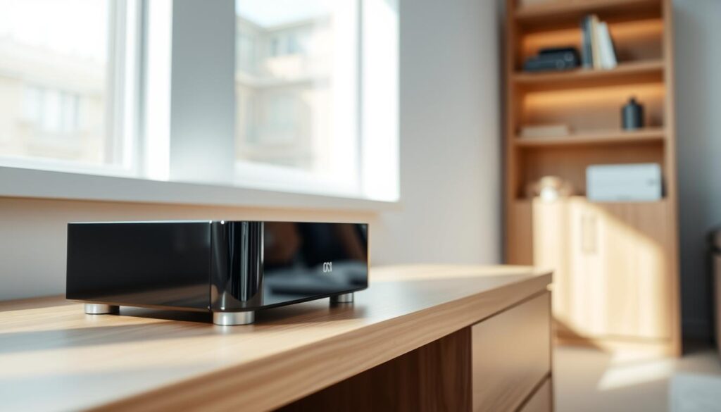 A modern, well-lit interior shot of a sleek, compact IPTV box sitting atop a minimalist wooden entertainment unit. The device is positioned prominently, its clean lines and glossy black finish contrasting with the warm, natural tones of the surrounding decor. The camera angle highlights the box's discreet yet functional design, conveying its seamless integration into a contemporary living space. Soft, diffused lighting casts gentle shadows, creating depth and accentuating the product's tactile quality. The overall atmosphere is one of sophistication and technological prowess, subtly conveying the benefits of an IPTV box for the discerning UK viewer.