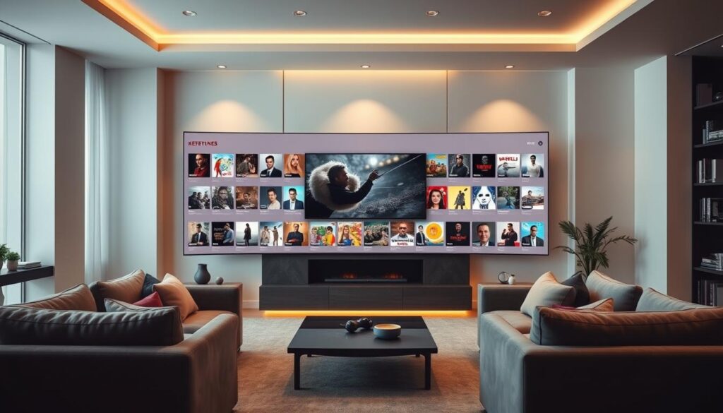 A modern, well-lit interior with a sleek, minimalist design showcasing the features and library of a streaming service. In the foreground, an elegant, floating display panel presents an array of diverse media content thumbnails in a visually striking arrangement. The middle ground features plush, comfortable seating arrangements, creating an inviting atmosphere for the user to explore the service. The background subtly incorporates smart home elements, such as voice assistant integration and seamless connectivity, reinforcing the service's advanced capabilities. The lighting is warm, diffused, and creates a sense of depth, highlighting the premium nature of the streaming experience. The overall scene evokes a sense of technological sophistication, user-centric design, and the vast entertainment possibilities offered by the streaming service.