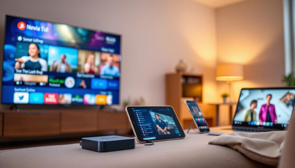 A modern, well-lit living room showcases a variety of streaming devices seamlessly connected and in use. In the foreground, a sleek smart TV displays vivid, high-definition content. Beside it, a compact streaming box and a tablet device are synced, enabling effortless cross-platform viewing. The middle ground features a smartphone and a laptop, both actively streaming different media simultaneously, highlighting the multi-device compatibility. The background blends warm, ambient lighting, conveying a cozy, tech-savvy atmosphere. The overall scene exudes a sense of convenience, flexibility, and the ability to enjoy content across an array of compatible devices.