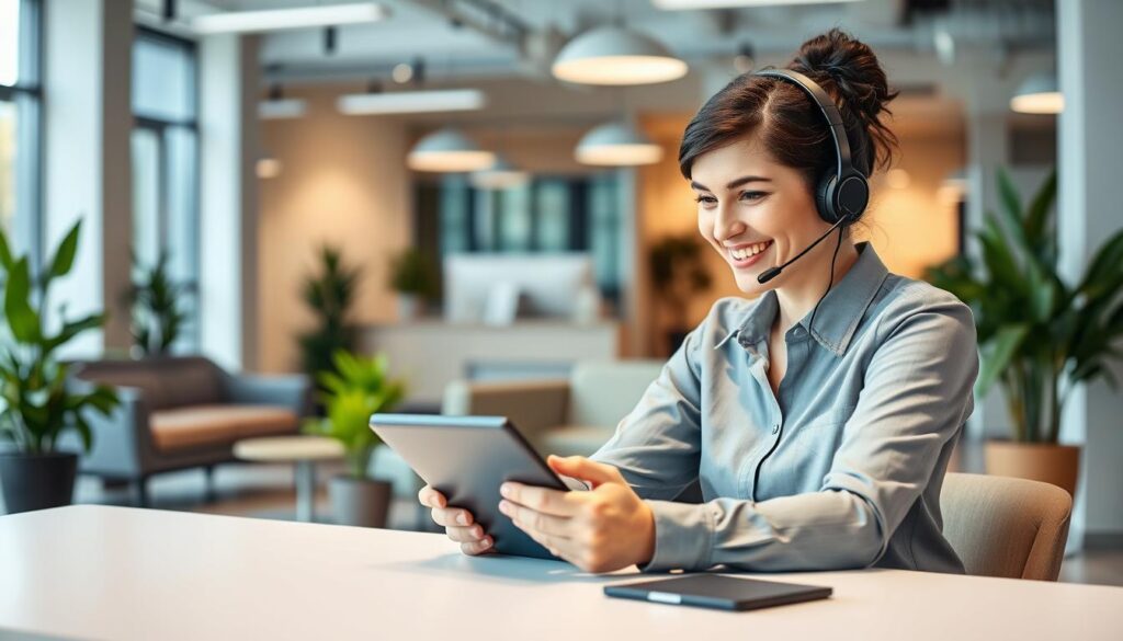 A modern, well-lit office interior with a customer service desk in the foreground. A customer service agent sits at the desk, wearing a headset and smiling warmly as they engage in a live chat conversation on a tablet. The background features comfortable seating areas and potted plants, creating a welcoming and professional atmosphere. The lighting is soft and diffused, with a mix of natural and artificial sources. The camera angle is slightly elevated, providing a clear view of the scene and highlighting the focus on the live chat support interaction.