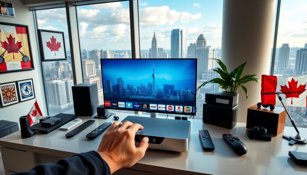A modern, well-lit office space with panoramic windows overlooking a bustling Canadian cityscape. On the desk, a sleek, state-of-the-art IPTV device is prominently displayed, surrounded by various remote controls and streaming accessories. The walls are adorned with framed sports memorabilia and Canadian flags, creating a patriotic atmosphere. In the foreground, a person's hands are interacting with the IPTV interface, showcasing the seamless integration of local channels and North American sports programming. The overall scene conveys the convenience, accessibility, and entertainment value of using Canadian IPTV services.