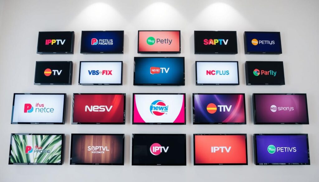 A neatly arranged grid of IPTV channel logos, displayed on modern TV screens with a sleek, minimalist design. The channels feature a mix of popular French and English content, ranging from news, sports, movies, and entertainment. The screens are set against a soft, neutral background, creating a clean and professional look. Subtle lighting from above casts a gentle glow, highlighting the vibrant colors and details of the channel logos. The overall composition conveys a sense of order, accessibility, and the breadth of programming options available to the viewer.