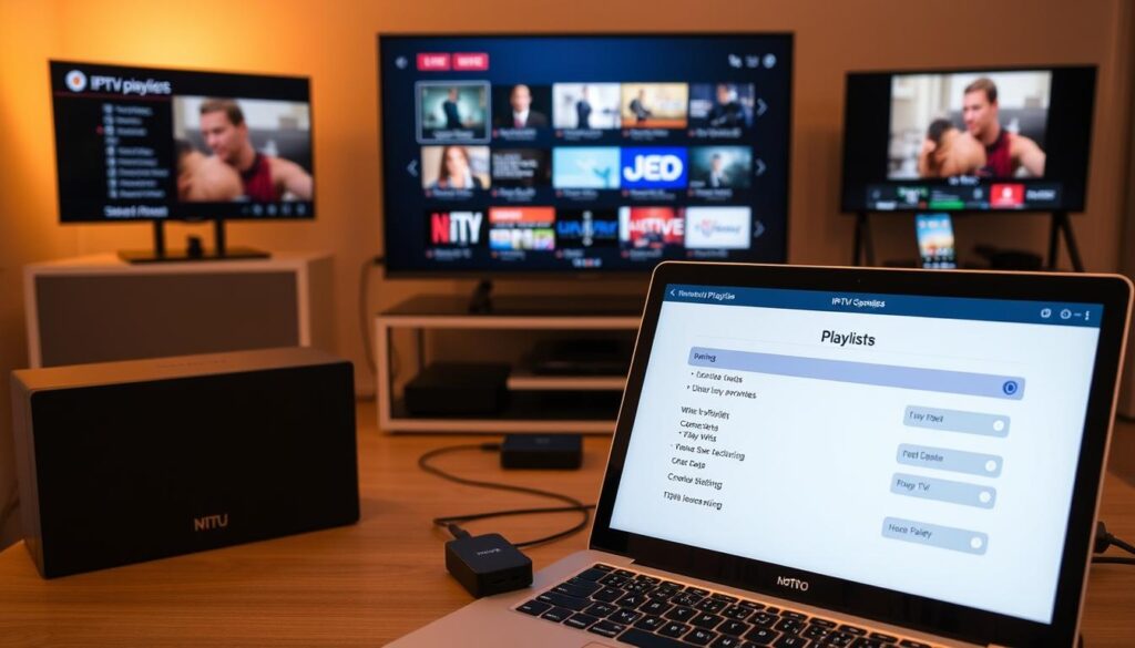 A neatly arranged setup of various devices and screens displaying IPTV m3u playlists. In the foreground, a modern laptop or tablet shows a clean, user-friendly interface for managing playlist settings. In the middle ground, a smart TV and a streaming box or dongle are connected, each displaying a different selection of live TV channels from the m3u playlist. In the background, a smartphone and a tablet showcase the flexibility of accessing the same m3u playlist across multiple devices. The scene is lit by warm, subtle lighting, creating a calm and professional atmosphere suitable for a step-by-step setup guide.