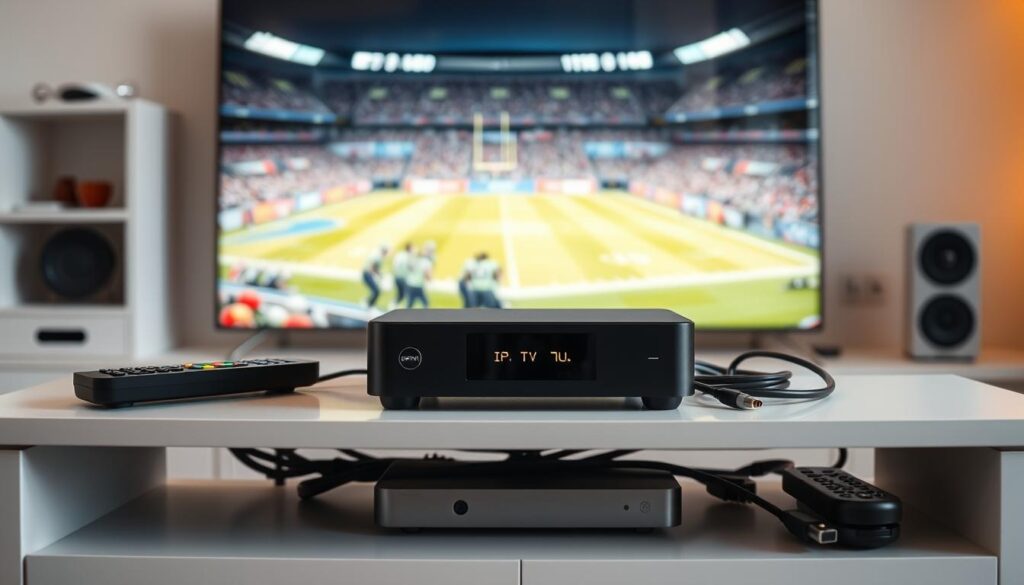 A neatly organized home entertainment setup with a sleek, modern IPTV device prominently displayed. The IPTV box sits atop a minimalist media console, surrounded by various remote controls and cables meticulously arranged. In the background, a large, high-definition television screen displays a vibrant live sports event, capturing the excitement of the game. Soft, warm lighting illuminates the scene, creating a cozy and inviting atmosphere for the ultimate sports IPTV experience. The composition emphasizes the ease and convenience of setting up an IPTV sports package, ready to immerse the viewer in the thrill of their favorite teams and events.