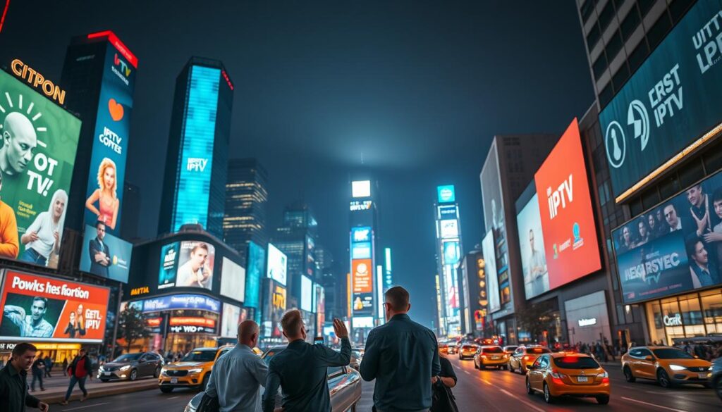 A neon-lit cityscape at night, with towering skyscrapers and billboards advertising various IPTV services. In the foreground, a group of people are gathered around a large, futuristic-looking device, gesturing and discussing the latest IPTV offerings. The middle ground features a busy urban street, with cars and pedestrians navigating the city. In the background, the night sky is illuminated by the glow of the city lights, creating a vibrant and dynamic atmosphere. The scene is captured with a wide-angle lens, emphasizing the scale and grandeur of the IPTV landscape.