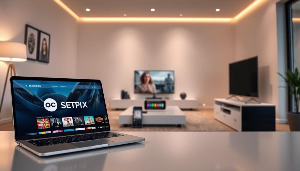 A premium streaming service trial presented in a sleek, modern interface. In the foreground, a laptop or tablet displays the service's logo and user interface, showcasing the diverse content offerings. The middle ground features an array of digital devices such as smartphones and smart TVs, highlighting the cross-platform accessibility. The background depicts a minimalist, well-lit living room setting, with hints of contemporary decor and lighting to convey a luxurious, high-end atmosphere. The overall composition should evoke a sense of exclusivity, quality, and the convenience of accessing a wide range of premium entertainment options.