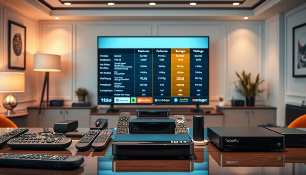 A professional, informative comparison of the best IPTV services, showcased on a polished desk setup. In the foreground, a variety of remote controls, streaming devices, and service logos are neatly arranged. In the middle ground, a large, high-resolution display shows side-by-side comparisons of key features, pricing, and performance metrics. The background features a clean, minimalist office environment with tasteful decor, warm lighting, and a subtle sense of depth and perspective. The overall atmosphere conveys a sense of authority, expertise, and the ability to make an informed decision about the optimal IPTV solution.
