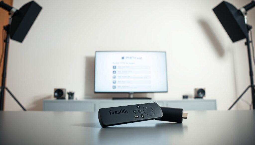 A professional, well-lit studio setup with a Firestick device prominently displayed on a modern, minimalist desk. The Firestick is shown in close-up, with its intricate ports and connectors clearly visible. In the middle ground, a smart TV screen displays the IPTV setup interface, highlighting the step-by-step installation process. The background features a clean, neutral-toned wall, creating a sense of focus and clarity. The overall mood is one of precision, technology, and user-friendliness, conveying the straightforward nature of setting up a smart IPTV service on the Firestick platform.