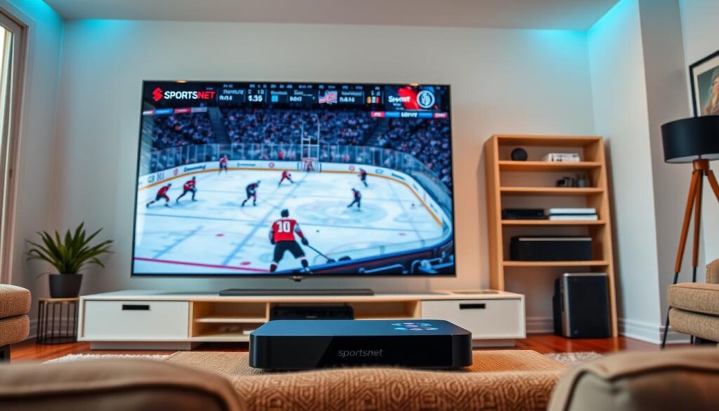 A room filled with a vibrant, high-definition display showcasing a sports broadcast with crystal-clear resolution and vivid colors. The image captures the immersive experience of watching Sportsnet through an IPTV service, with a sharp, detailed picture and smooth, uninterrupted playback. In the foreground, the screen depicts a hockey game in progress, with players skating across the ice and the puck moving seamlessly. The middle ground features sleek, modern IPTV equipment, such as a streaming box or smart TV, positioned prominently. The background is a minimalist, well-lit living room setting, creating a cozy and inviting atmosphere for the viewer to enjoy the sports coverage. The overall scene conveys the superior visual quality and seamless streaming experience of Sportsnet on IPTV.
