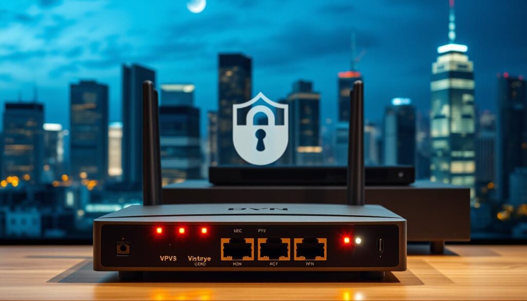 A secure and private virtual private network (VPN) protecting an internet-enabled television (IPTV) system. In the foreground, a modern router with glowing status lights and Ethernet ports. Behind it, a stylized IPTV box with sleek, minimalist design. The background features a cityscape skyline at night, with skyscrapers and illuminated windows, conveying a sense of urban connectivity and digital security. Soft, dramatic lighting creates depth and highlights the VPN and IPTV technology. The overall mood is one of reliability, protection, and seamless digital experiences.