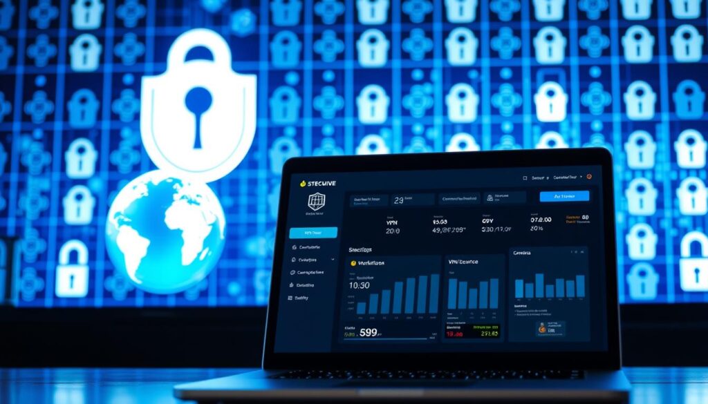 A secure streaming VPN service, with a sleek, modern interface. In the foreground, a laptop displays a VPN dashboard, showcasing server locations, connection status, and encryption details. The middle ground depicts a stylized globe, representing the global reach of the VPN network. In the background, a grid of digital padlocks and shield icons conveys the robust security and privacy features of the service. The overall scene is bathed in a cool, blue-toned lighting, creating a sense of trust and reliability. The composition evokes a professional, enterprise-grade VPN solution, suitable for safeguarding sensitive online activities.