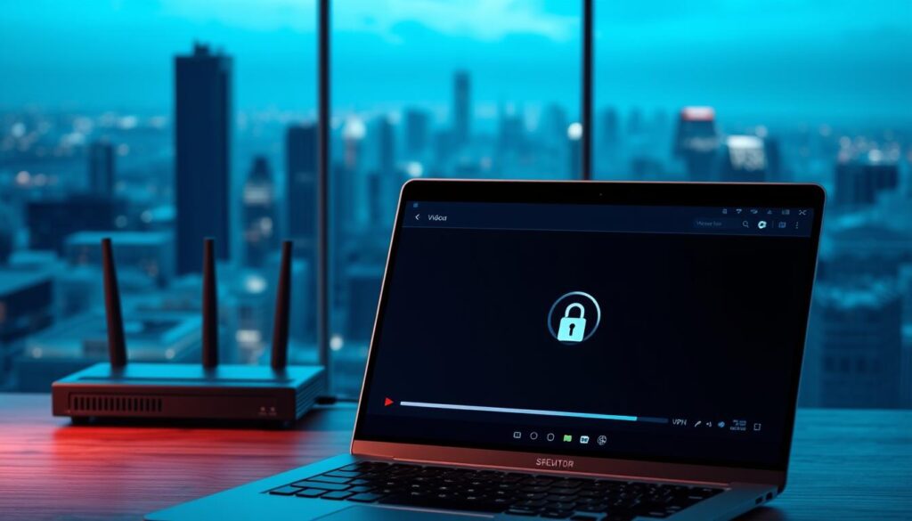A secure streaming experience with a VPN. In the foreground, a laptop displaying a video player interface, with a VPN connection indicator and a lock symbol signifying encryption. The middle ground features a router and networking devices, conveying a sense of a secure home network setup. In the background, a cityscape recedes into the distance, suggesting the global reach and privacy protection afforded by the VPN. The scene is bathed in a cool, blue-tinted lighting, creating an atmosphere of digital security and reliability. Realistic textures, high-quality rendering, and attention to technical details help reinforce the professionalism and effectiveness of the VPN-enabled streaming solution.